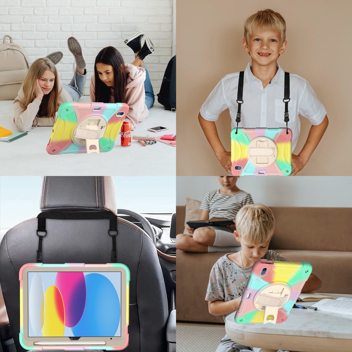 For iPad 10.9 (2022) Rotating Kickstand Tablet Case Silicone+PC Anti-Drop Cover with Pencil Holder / Shoulder Strap