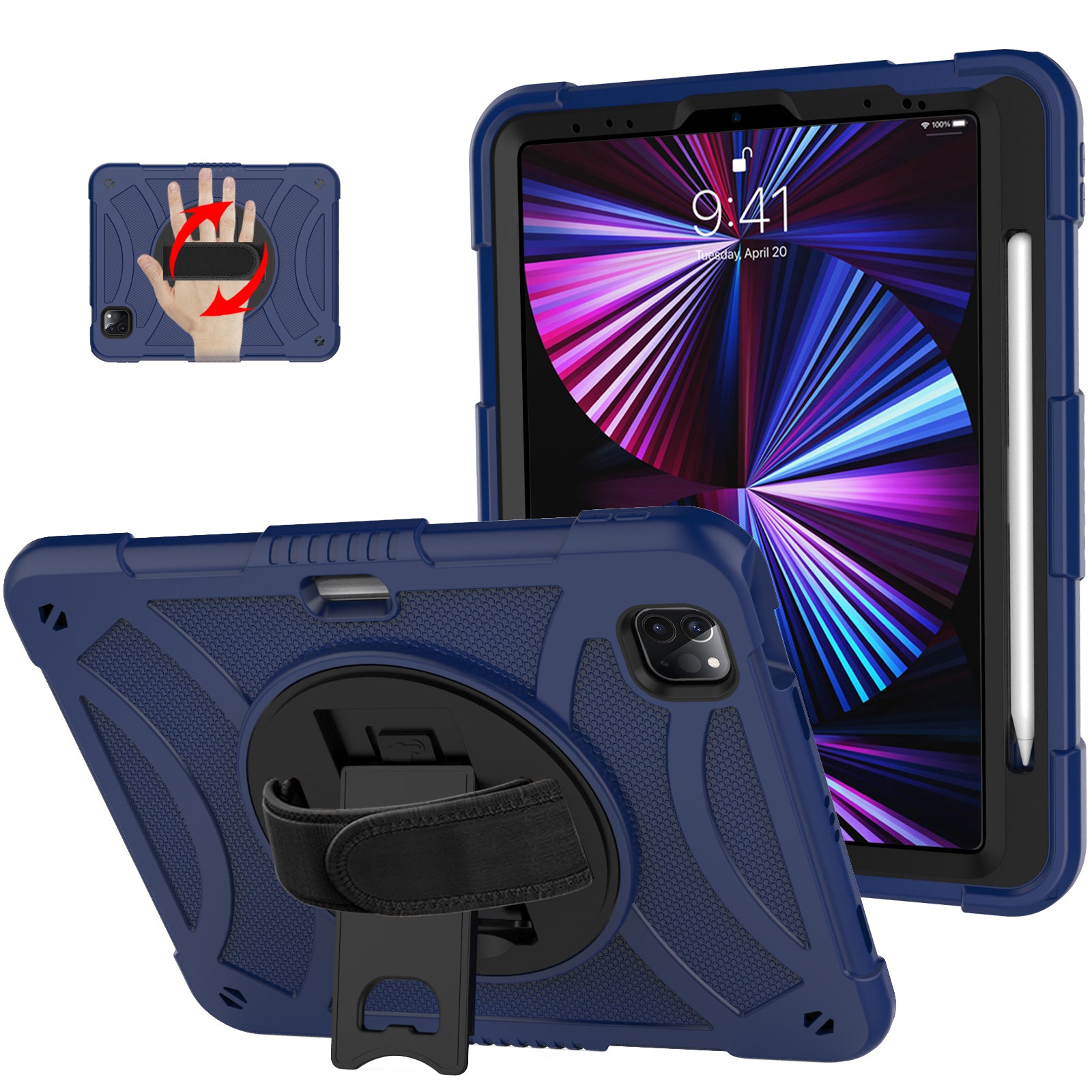 Tablet Case for iPad Pro 11 (2018) / (2020) / (2021) / (2022) / iPad Air (2020) / (2022) , Silicone+PC Rotating Kickstand Protective Cover with Pencil Holder