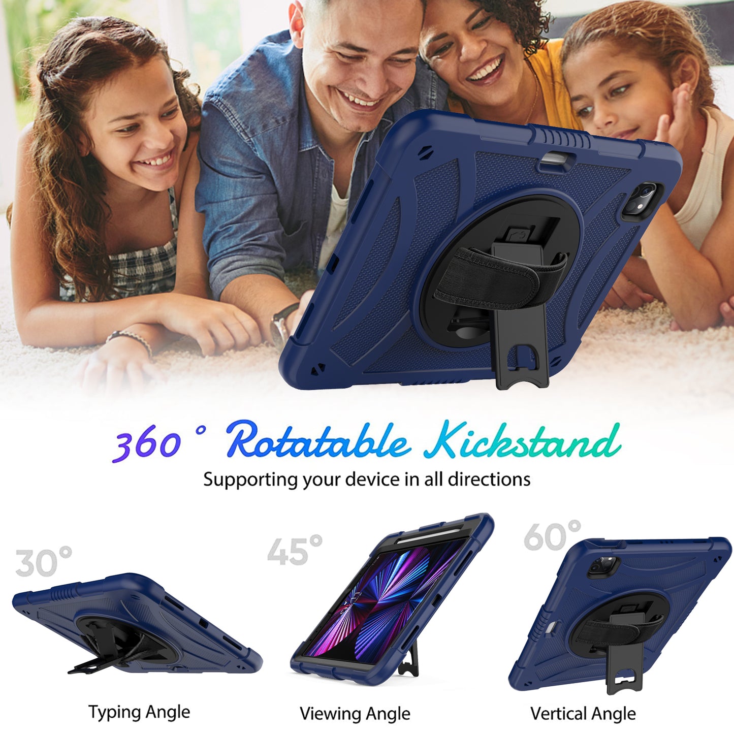 Tablet Case for iPad Pro 11 (2018) / (2020) / (2021) / (2022) / iPad Air (2020) / (2022) , Silicone+PC Rotating Kickstand Protective Cover with Pencil Holder