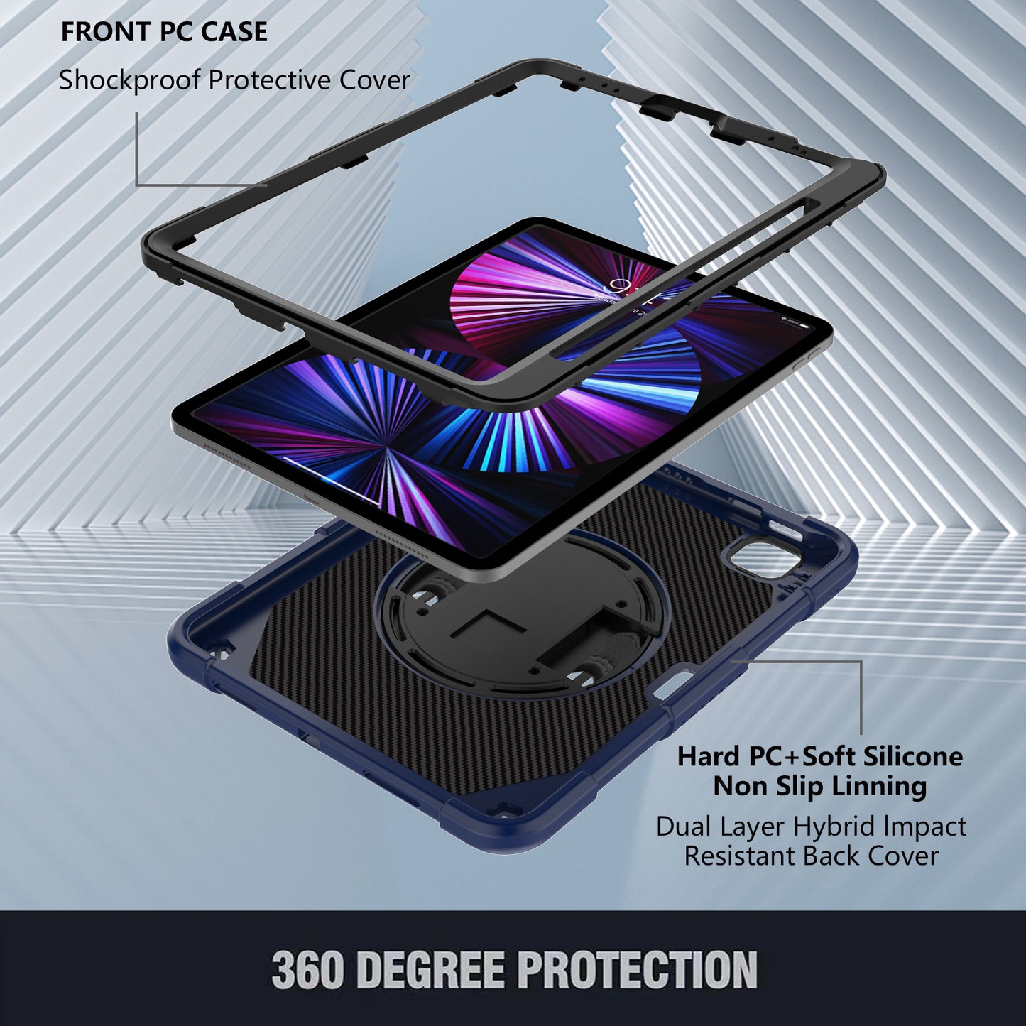 Tablet Case for iPad Pro 11 (2018) / (2020) / (2021) / (2022) / iPad Air (2020) / (2022) , Silicone+PC Rotating Kickstand Protective Cover with Pencil Holder