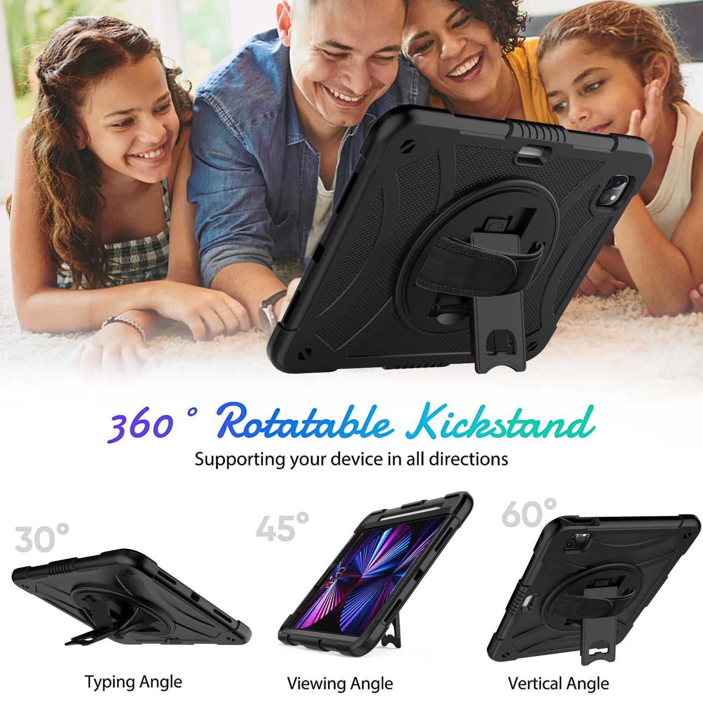 Tablet Case for iPad Pro 11 (2018) / (2020) / (2021) / (2022) / iPad Air (2020) / (2022) , Silicone+PC Rotating Kickstand Protective Cover with Pencil Holder