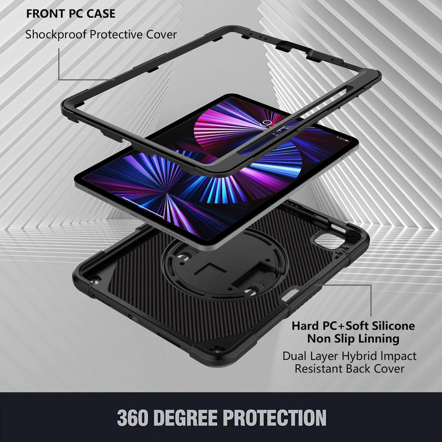 Tablet Case for iPad Pro 11 (2018) / (2020) / (2021) / (2022) / iPad Air (2020) / (2022) , Silicone+PC Rotating Kickstand Protective Cover with Pencil Holder