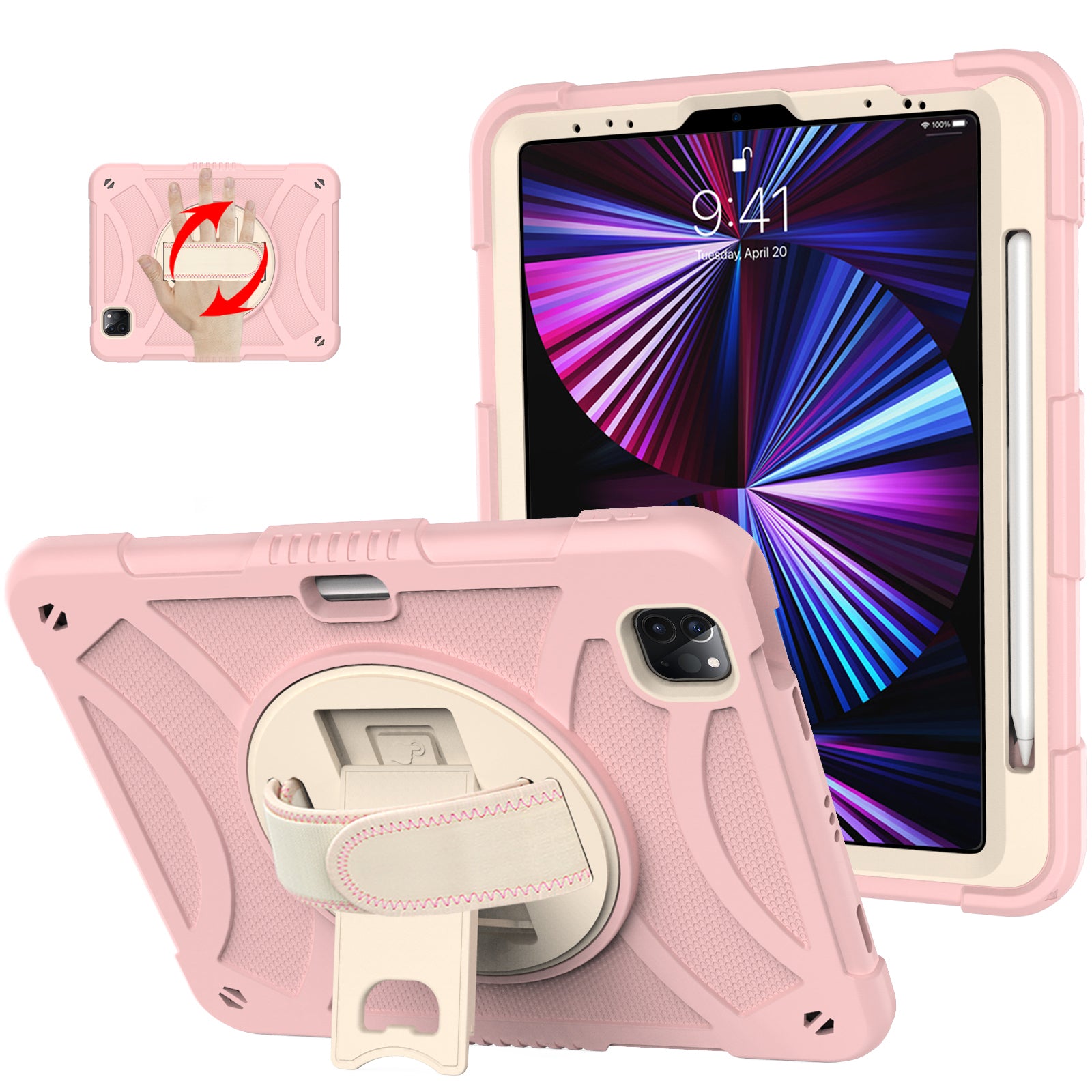 Tablet Case for iPad Pro 11 (2018) / (2020) / (2021) / (2022) / iPad Air (2020) / (2022) , Silicone+PC Rotating Kickstand Protective Cover with Pencil Holder