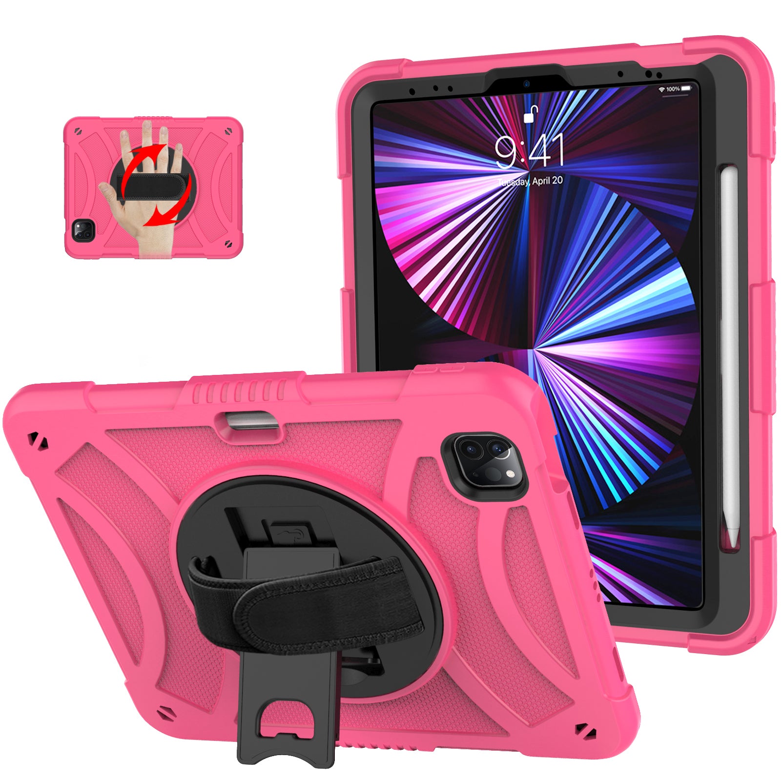 Tablet Case for iPad Pro 11 (2018) / (2020) / (2021) / (2022) / iPad Air (2020) / (2022) , Silicone+PC Rotating Kickstand Protective Cover with Pencil Holder