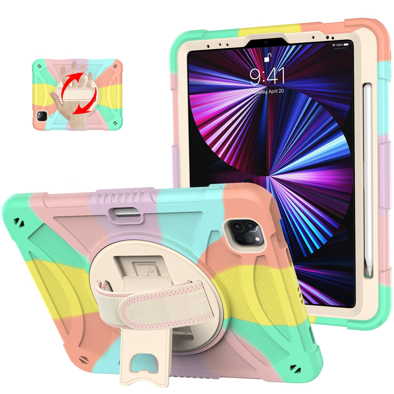 Tablet Case for iPad Pro 11 (2018) / (2020) / (2021) / (2022) / iPad Air (2020) / (2022) , Silicone+PC Rotating Kickstand Protective Cover with Pencil Holder