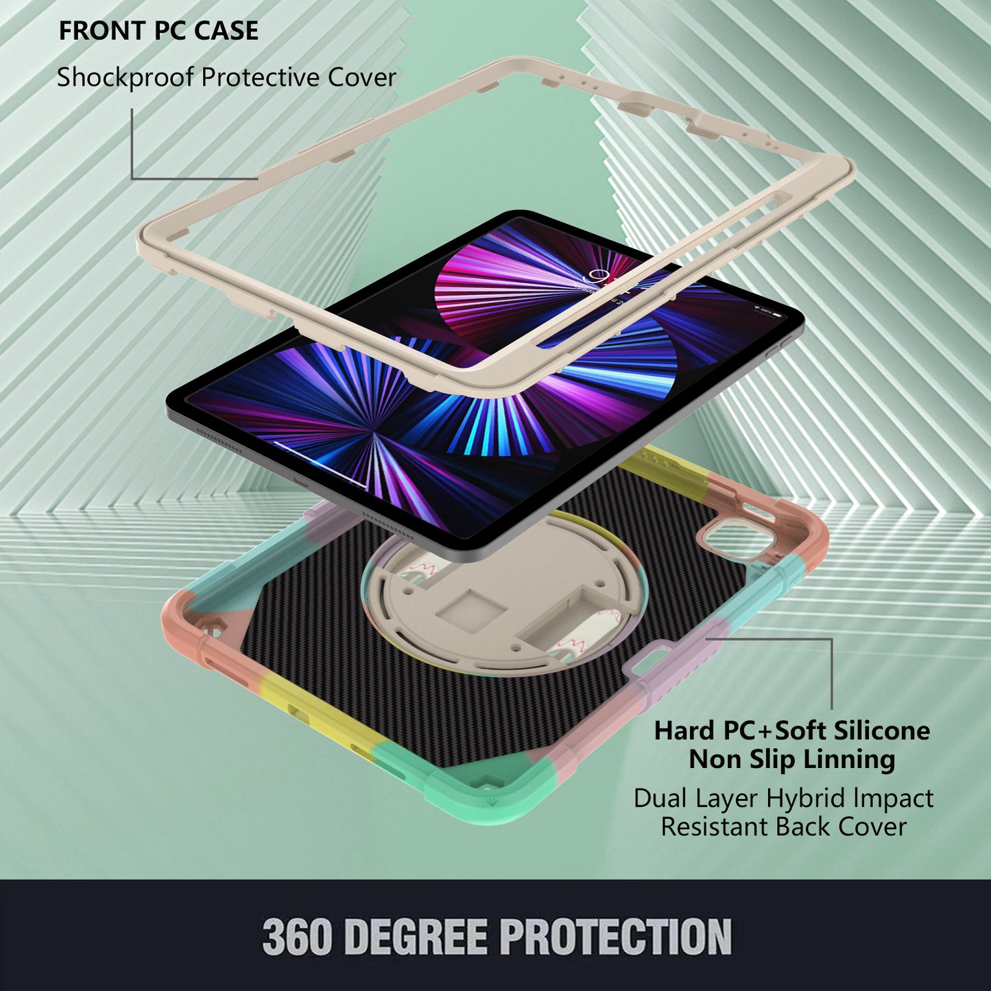 Tablet Case for iPad Pro 11 (2018) / (2020) / (2021) / (2022) / iPad Air (2020) / (2022) , Silicone+PC Rotating Kickstand Protective Cover with Pencil Holder
