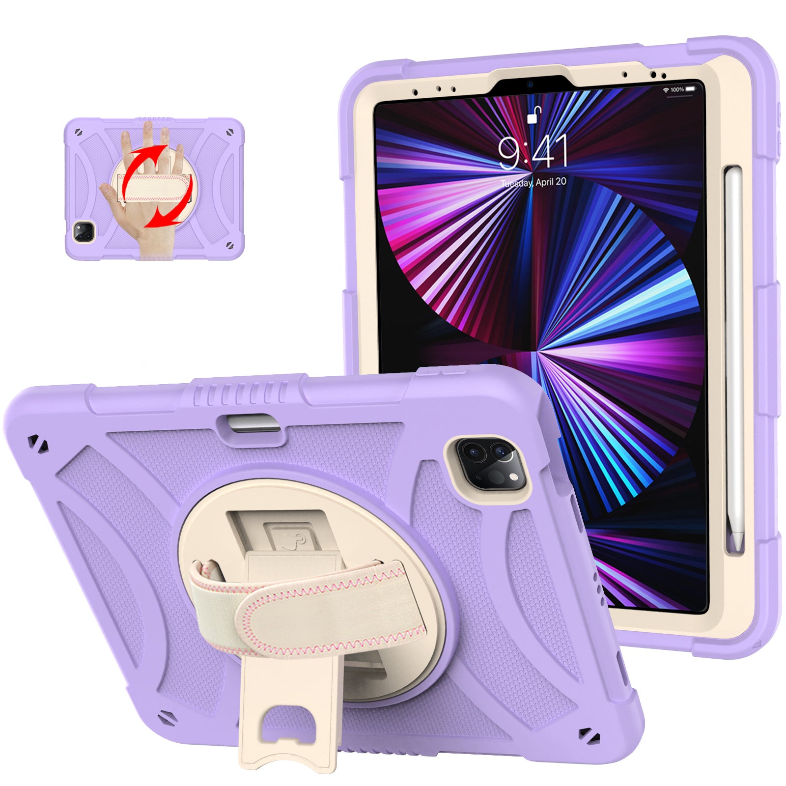Tablet Case for iPad Pro 11 (2018) / (2020) / (2021) / (2022) / iPad Air (2020) / (2022) , Silicone+PC Rotating Kickstand Protective Cover with Pencil Holder