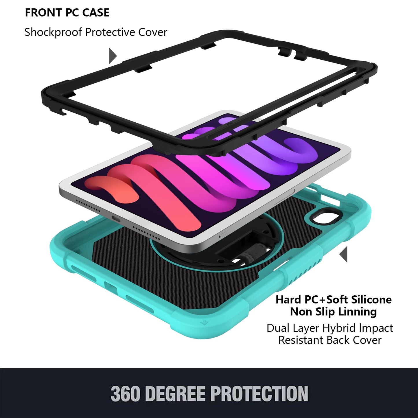 For iPad mini (2021) Silicone+PC Protective Cover Rotating Kickstand Shockproof Tablet Case with Pencil Holder