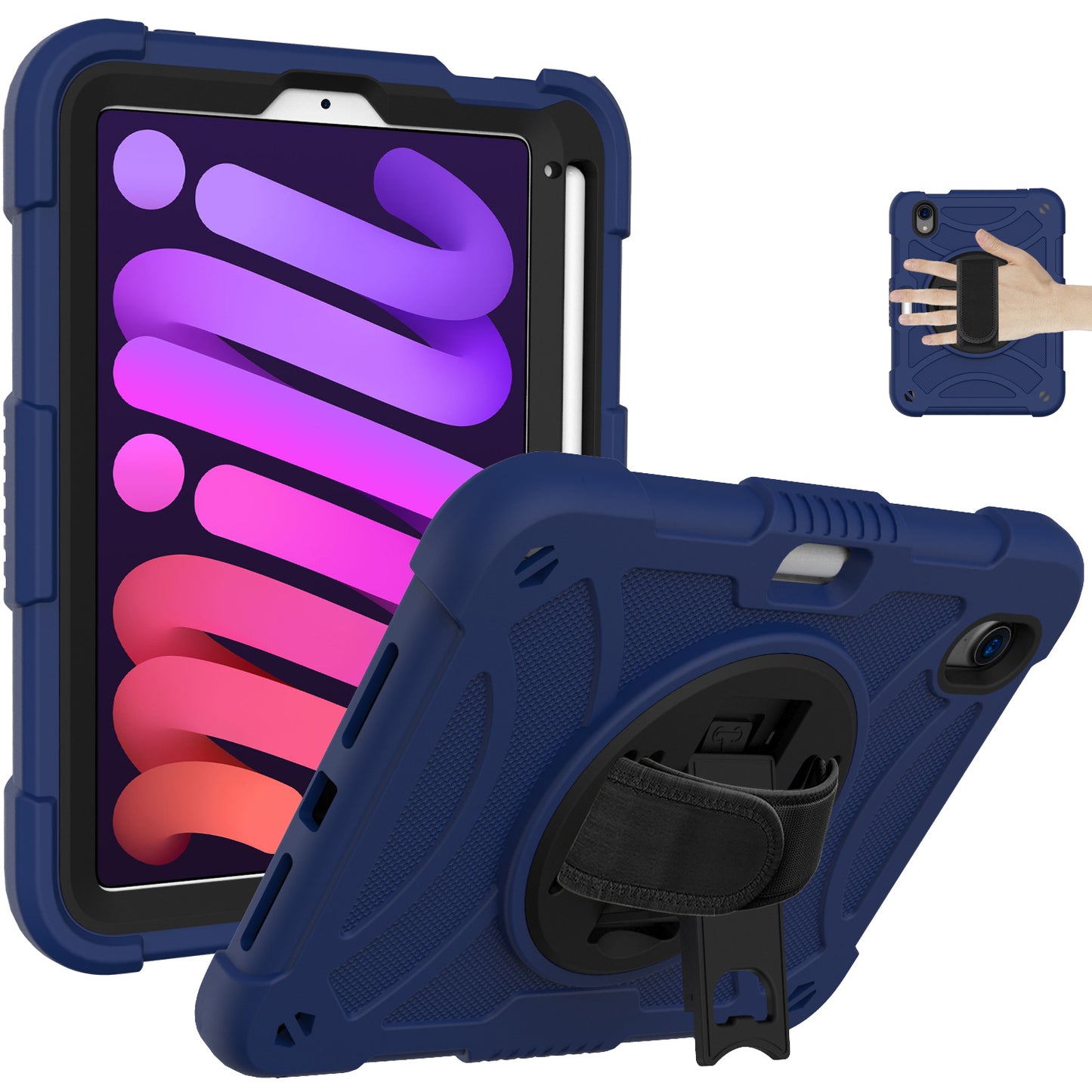For iPad mini (2021) Silicone+PC Protective Cover Rotating Kickstand Shockproof Tablet Case with Pencil Holder