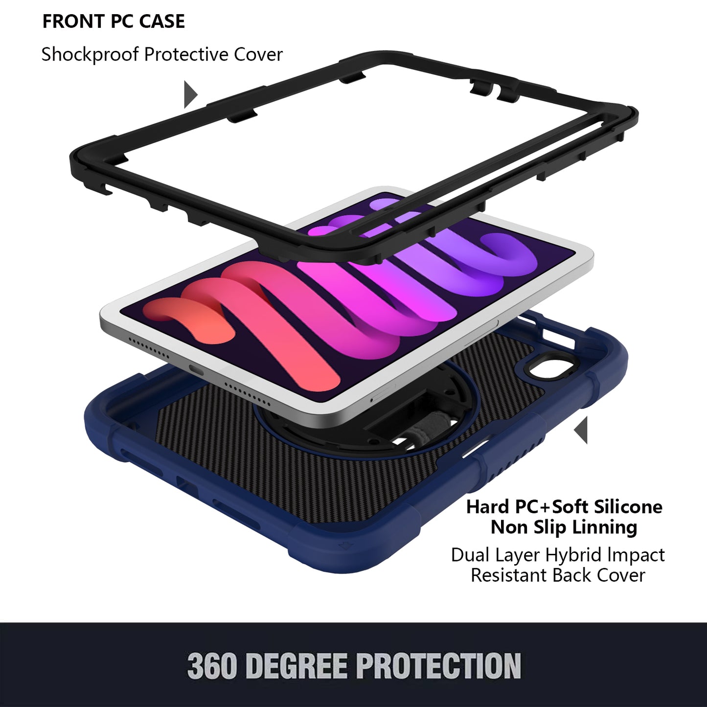 For iPad mini (2021) Silicone+PC Protective Cover Rotating Kickstand Shockproof Tablet Case with Pencil Holder