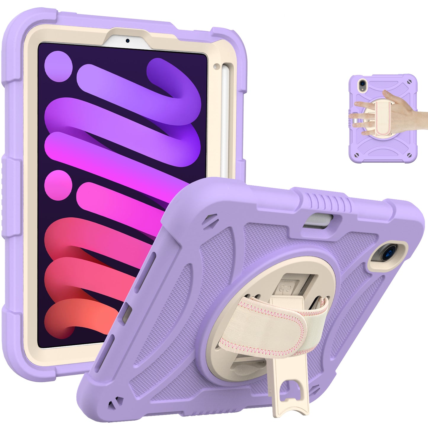For iPad mini (2021) Silicone+PC Protective Cover Rotating Kickstand Shockproof Tablet Case with Pencil Holder
