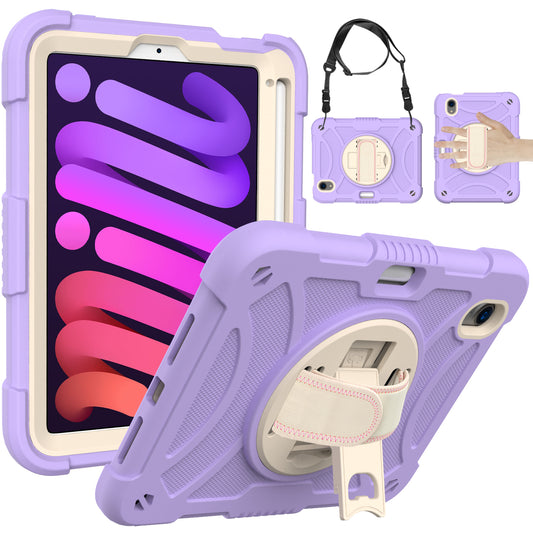 For iPad mini (2021) Tablet Case Silicone+PC Rotating Kickstand Cover with Pencil Holder / Shoulder Strap