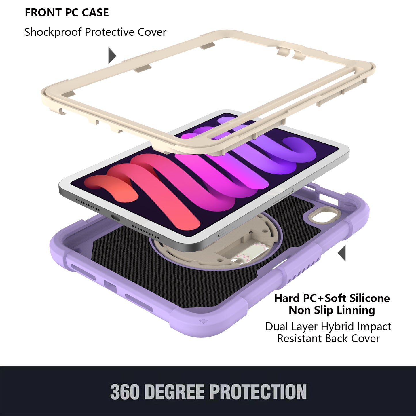For iPad mini (2021) Tablet Case Silicone+PC Rotating Kickstand Cover with Pencil Holder / Shoulder Strap