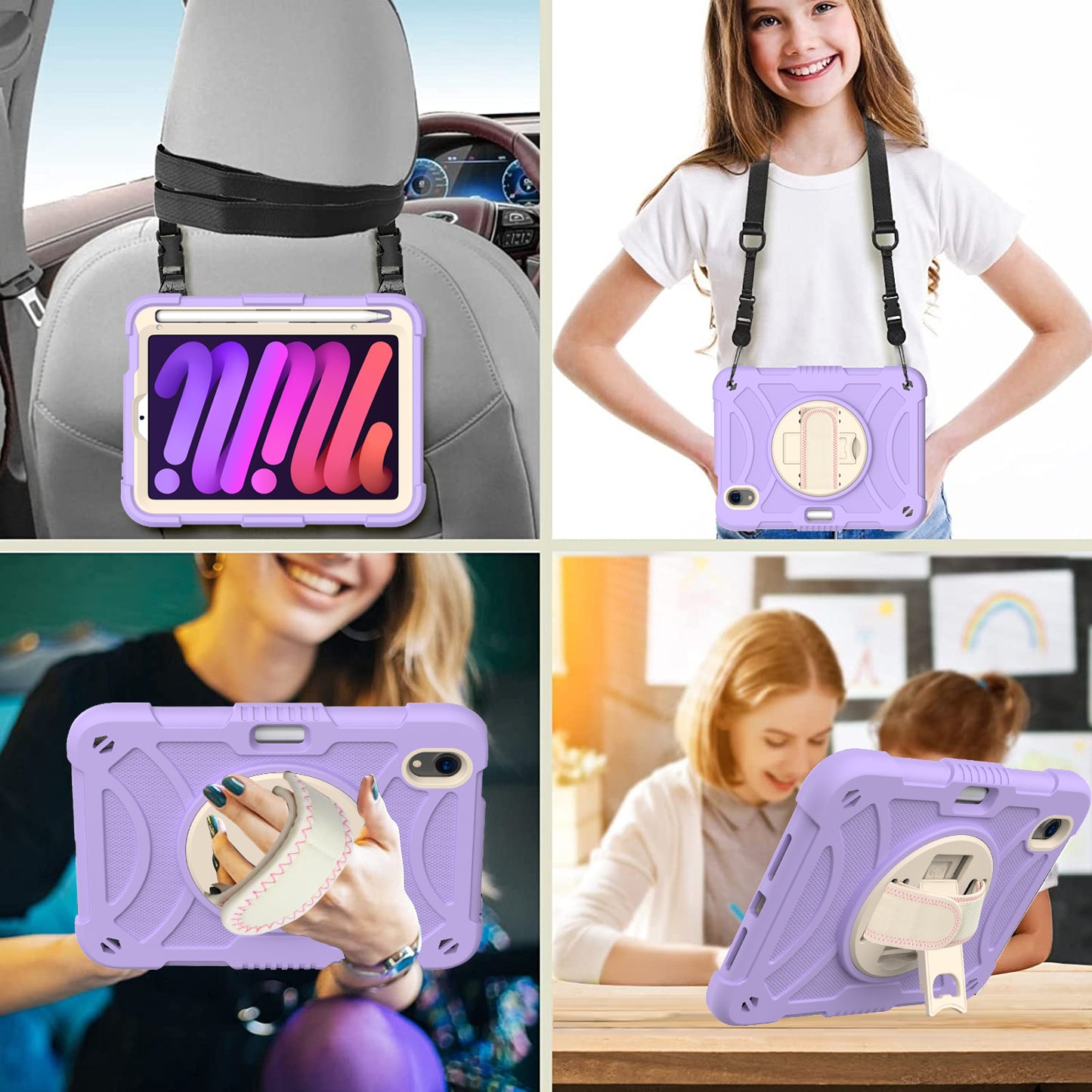 For iPad mini (2021) Tablet Case Silicone+PC Rotating Kickstand Cover with Pencil Holder / Shoulder Strap