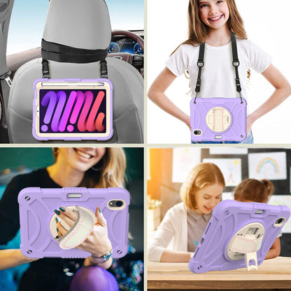 For iPad mini (2021) Tablet Case Silicone+PC Rotating Kickstand Cover with Pencil Holder / Shoulder Strap