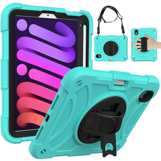 For iPad mini (2021) Tablet Case Silicone+PC Rotating Kickstand Cover with Pencil Holder / Shoulder Strap