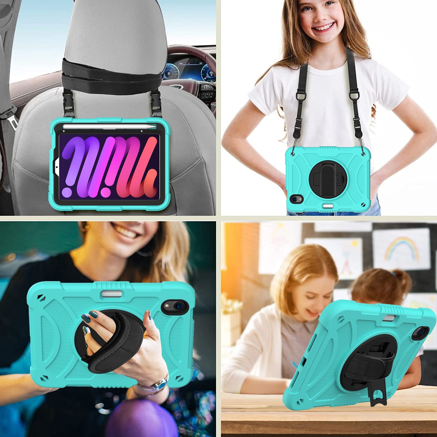 For iPad mini (2021) Tablet Case Silicone+PC Rotating Kickstand Cover with Pencil Holder / Shoulder Strap
