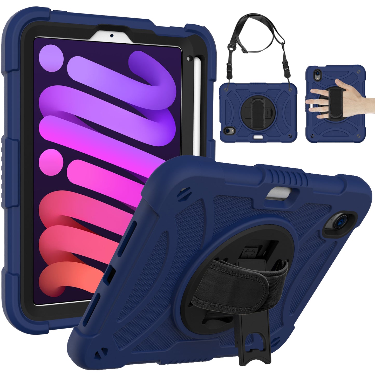 For iPad mini (2021) Tablet Case Silicone+PC Rotating Kickstand Cover with Pencil Holder / Shoulder Strap