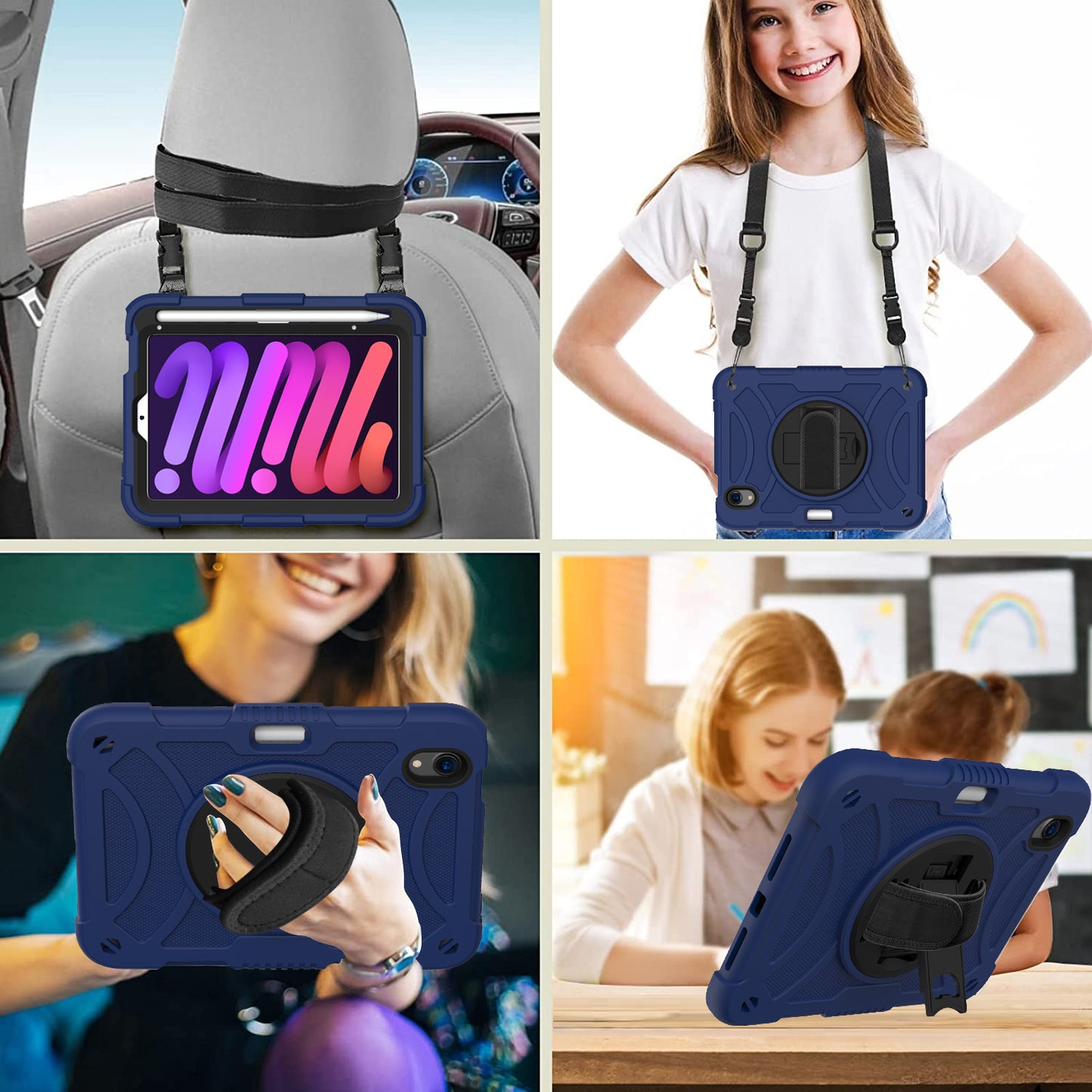 For iPad mini (2021) Tablet Case Silicone+PC Rotating Kickstand Cover with Pencil Holder / Shoulder Strap