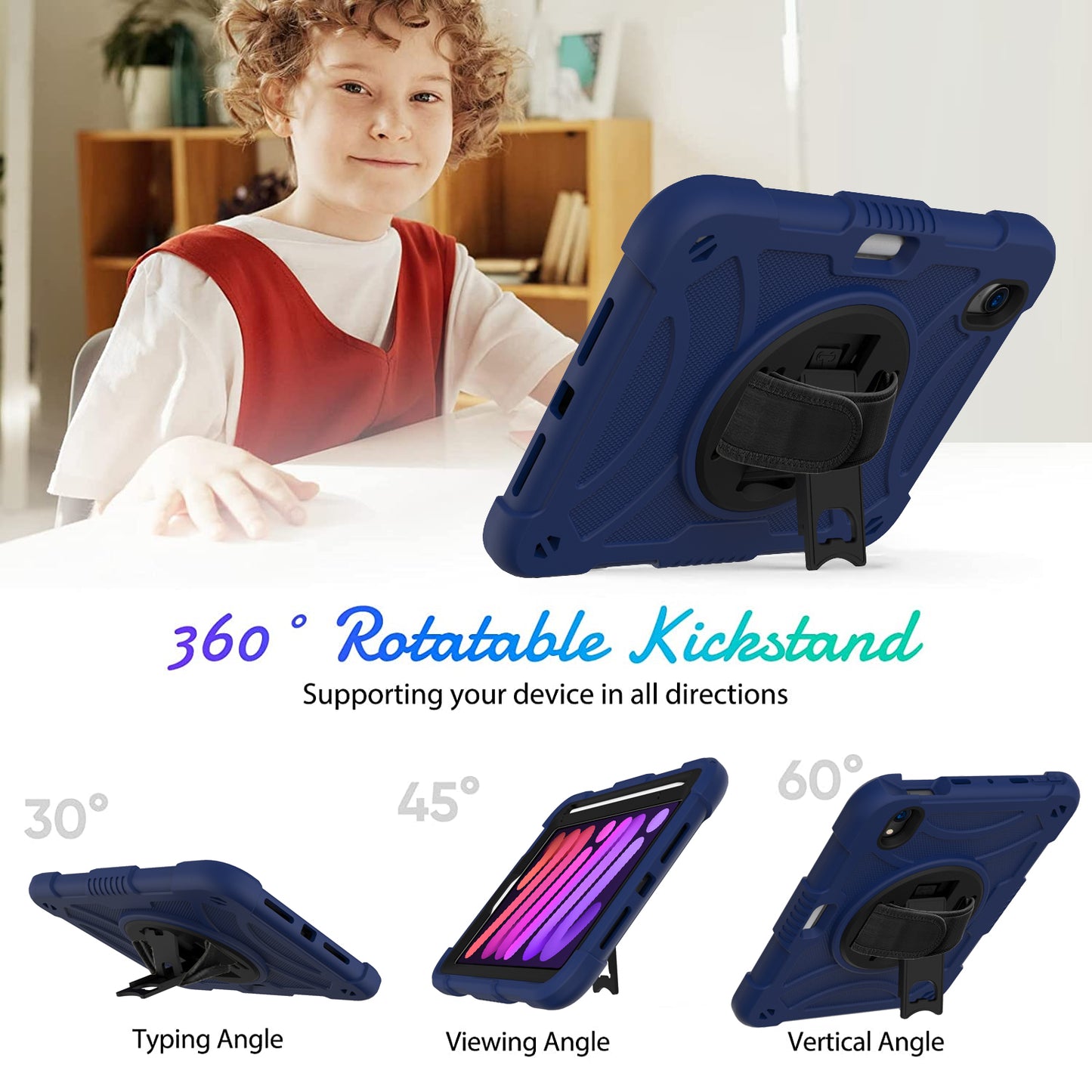 For iPad mini (2021) Tablet Case Silicone+PC Rotating Kickstand Cover with Pencil Holder / Shoulder Strap
