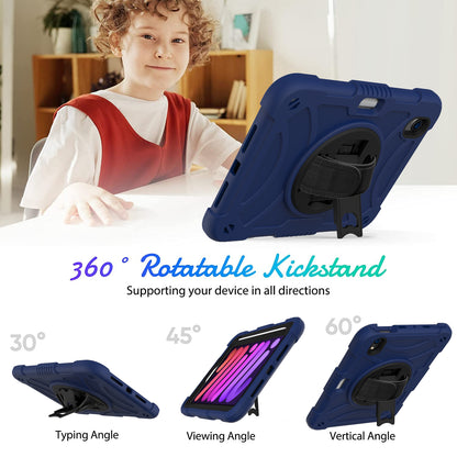 For iPad mini (2021) Tablet Case Silicone+PC Rotating Kickstand Cover with Pencil Holder / Shoulder Strap