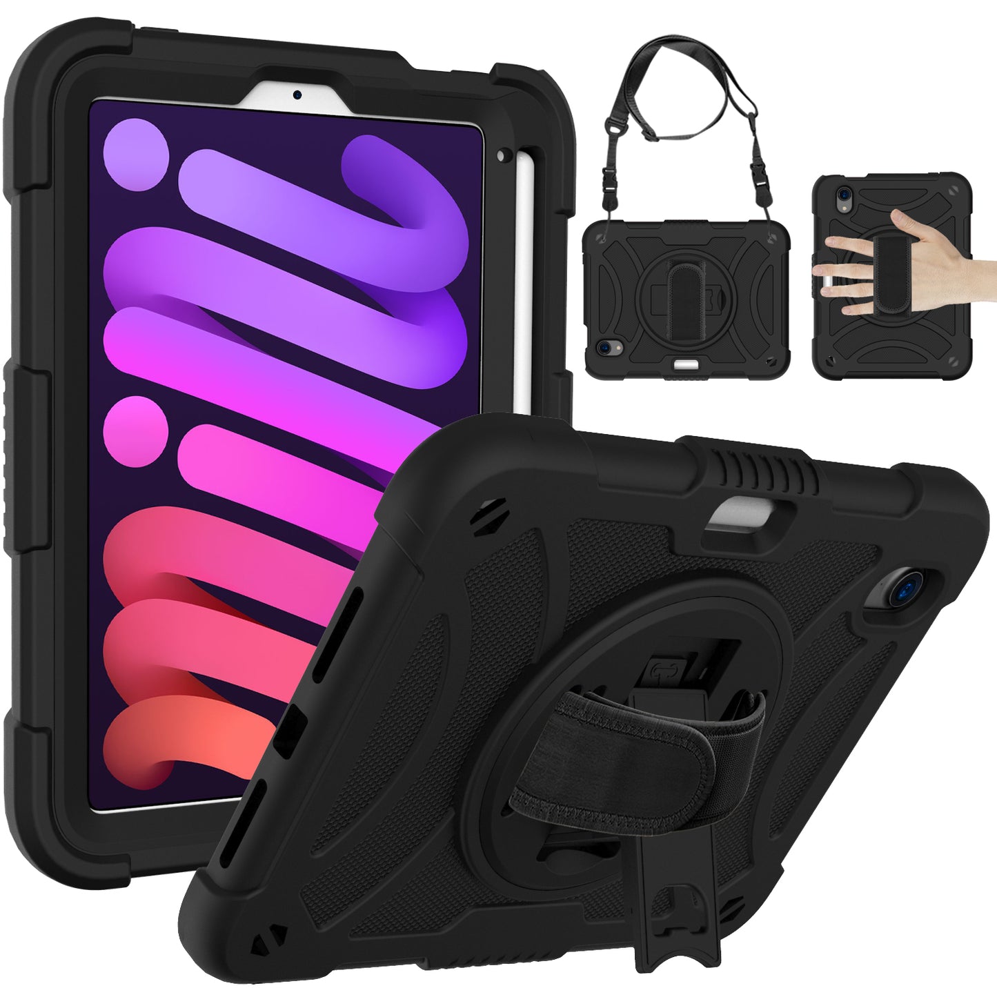 For iPad mini (2021) Tablet Case Silicone+PC Rotating Kickstand Cover with Pencil Holder / Shoulder Strap