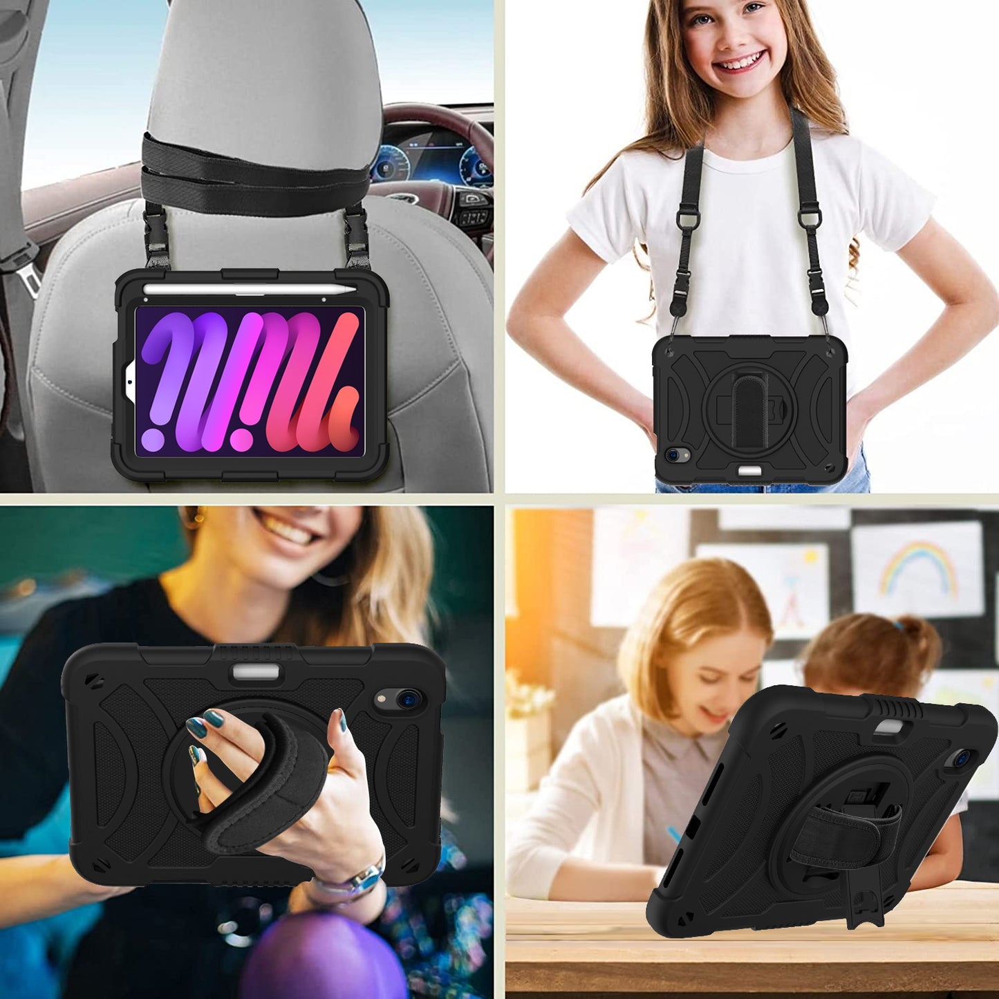 For iPad mini (2021) Tablet Case Silicone+PC Rotating Kickstand Cover with Pencil Holder / Shoulder Strap