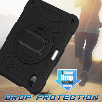For iPad mini (2021) Tablet Case Silicone+PC Rotating Kickstand Cover with Pencil Holder / Shoulder Strap