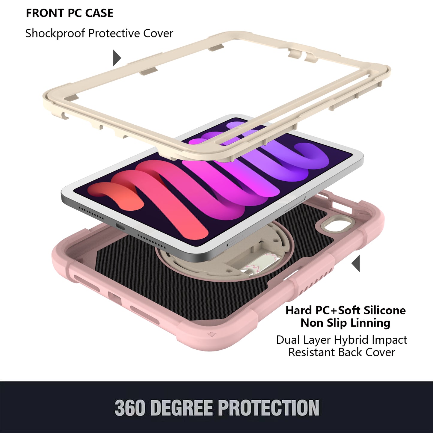For iPad mini (2021) Tablet Case Silicone+PC Rotating Kickstand Cover with Pencil Holder / Shoulder Strap