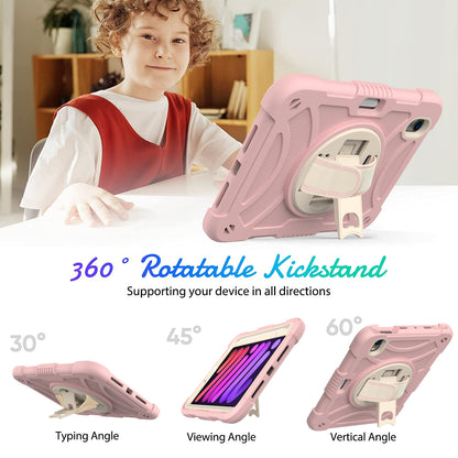 For iPad mini (2021) Tablet Case Silicone+PC Rotating Kickstand Cover with Pencil Holder / Shoulder Strap