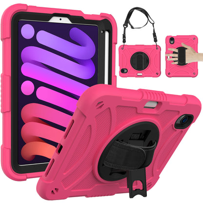 For iPad mini (2021) Tablet Case Silicone+PC Rotating Kickstand Cover with Pencil Holder / Shoulder Strap