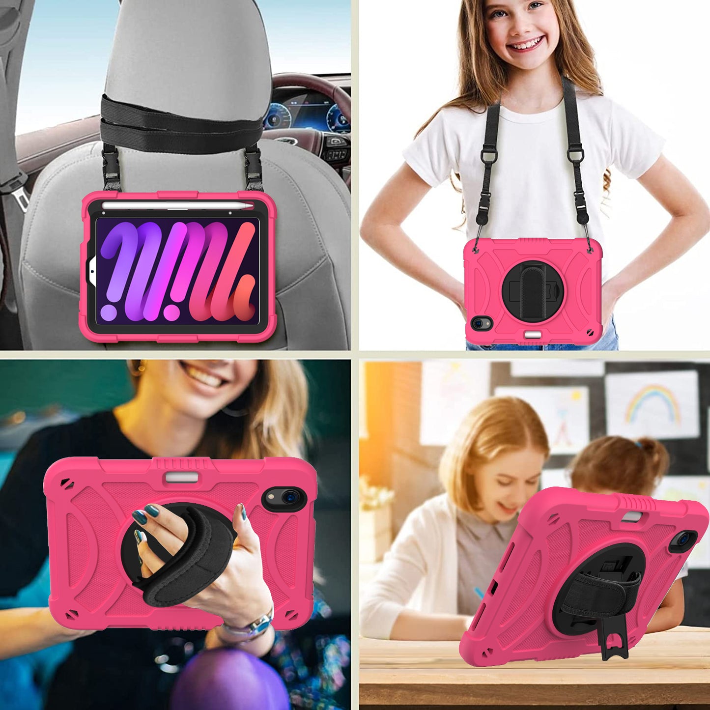 For iPad mini (2021) Tablet Case Silicone+PC Rotating Kickstand Cover with Pencil Holder / Shoulder Strap