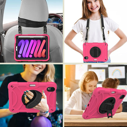 For iPad mini (2021) Tablet Case Silicone+PC Rotating Kickstand Cover with Pencil Holder / Shoulder Strap