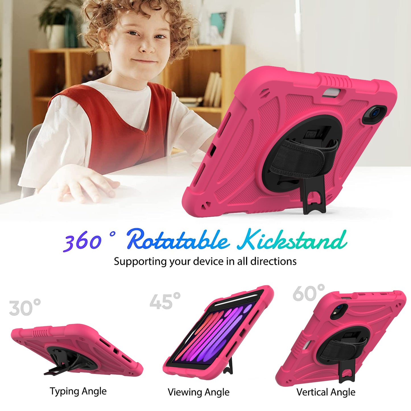 For iPad mini (2021) Tablet Case Silicone+PC Rotating Kickstand Cover with Pencil Holder / Shoulder Strap