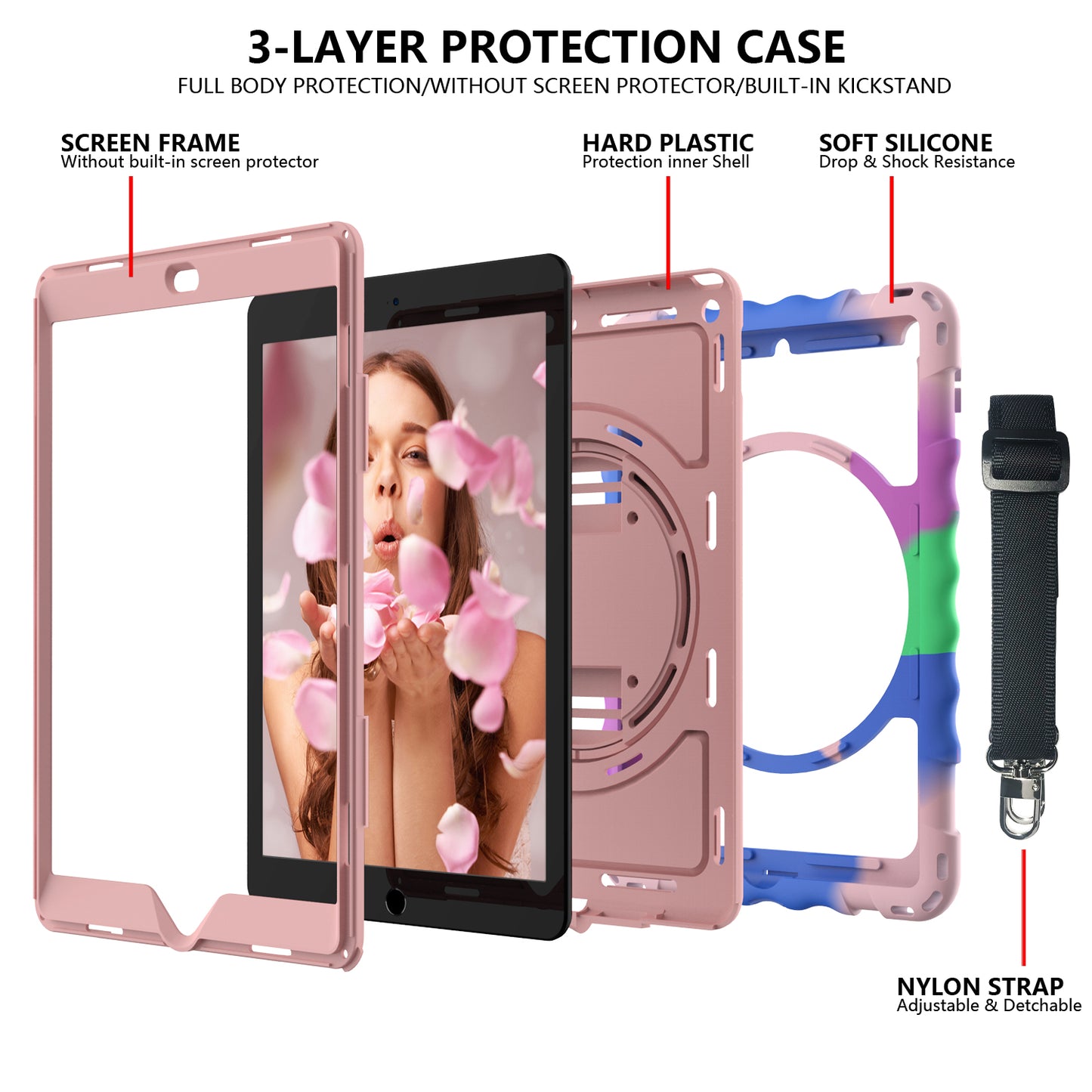 For iPad 10.2 (2021) / (2019) / (2020) Anti-Drop Case Silicone+PC Kickstand Tablet Cover with Shoulder Strap