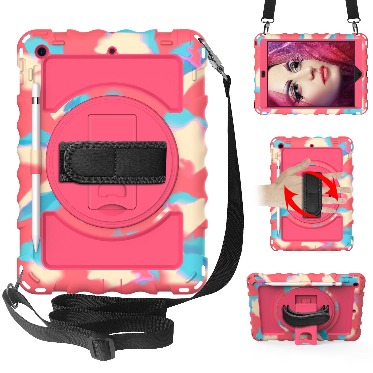 For iPad 10.2 (2021) / (2019) / (2020) Anti-Drop Case Silicone+PC Kickstand Tablet Cover with Shoulder Strap