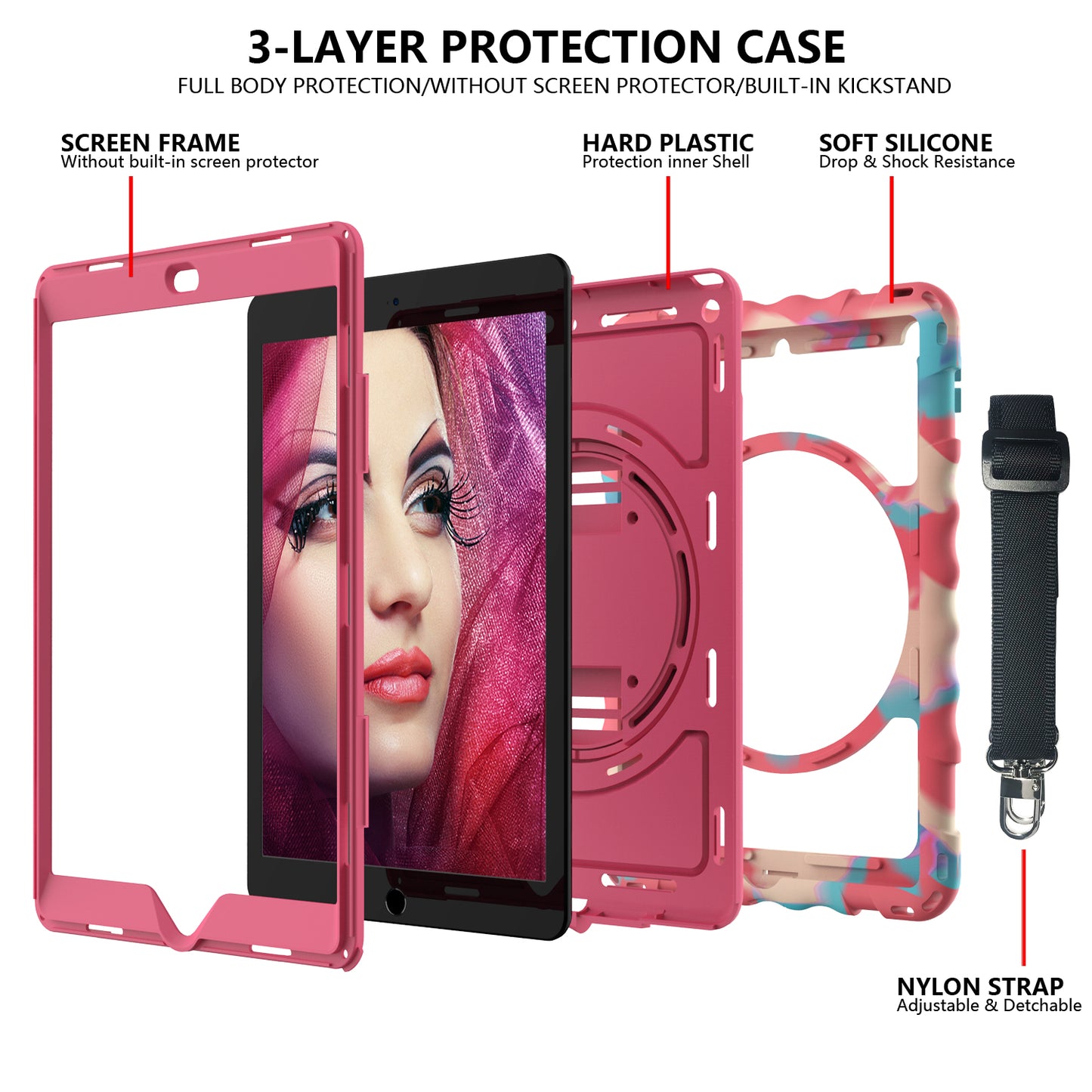For iPad 10.2 (2021) / (2019) / (2020) Anti-Drop Case Silicone+PC Kickstand Tablet Cover with Shoulder Strap