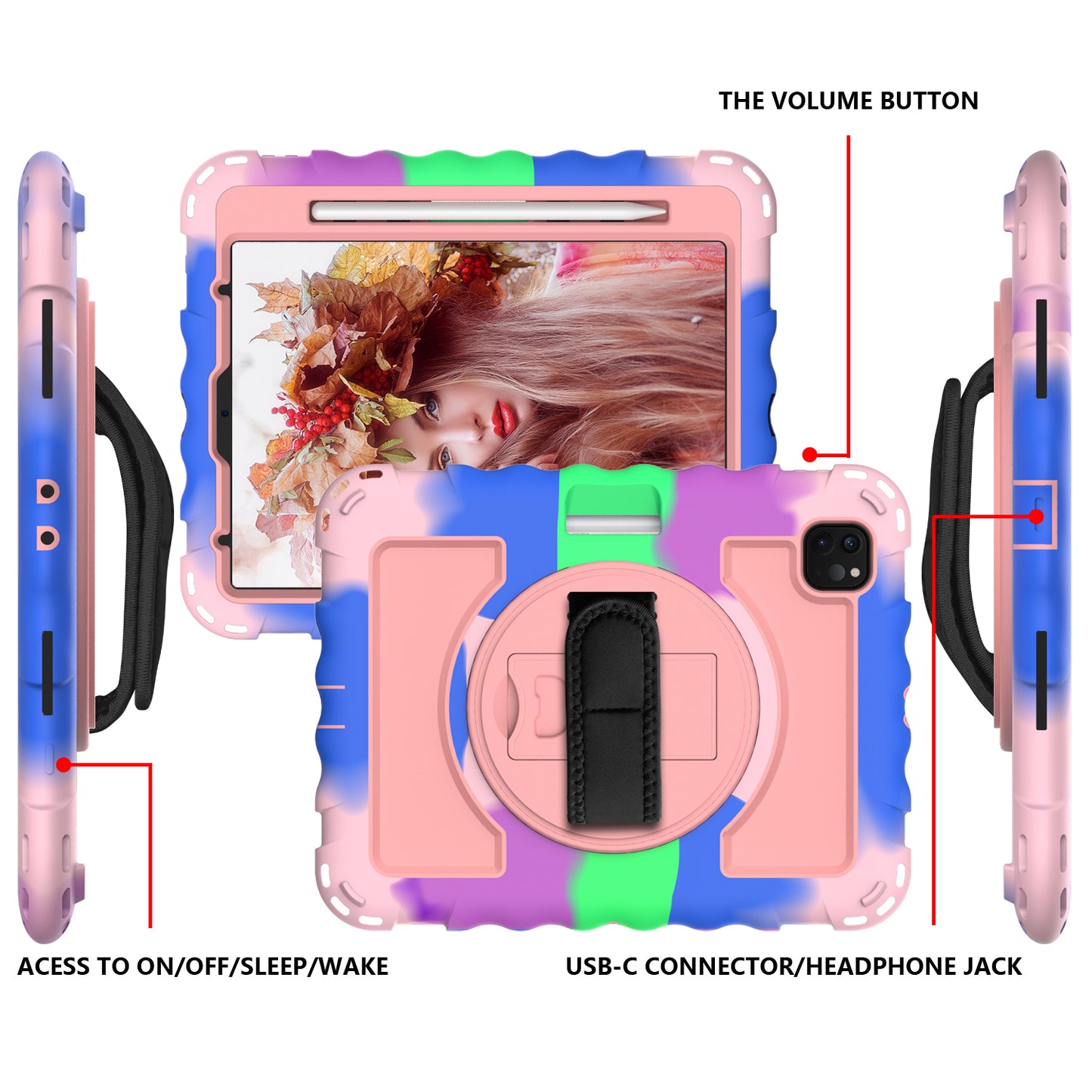 For iPad Pro 11-inch (2018) / (2020) / (2021) / (2022) / Air (2022) / (2020) Anti-Drop Kickstand Case Silicone+PC Tablet Cover with Strap
