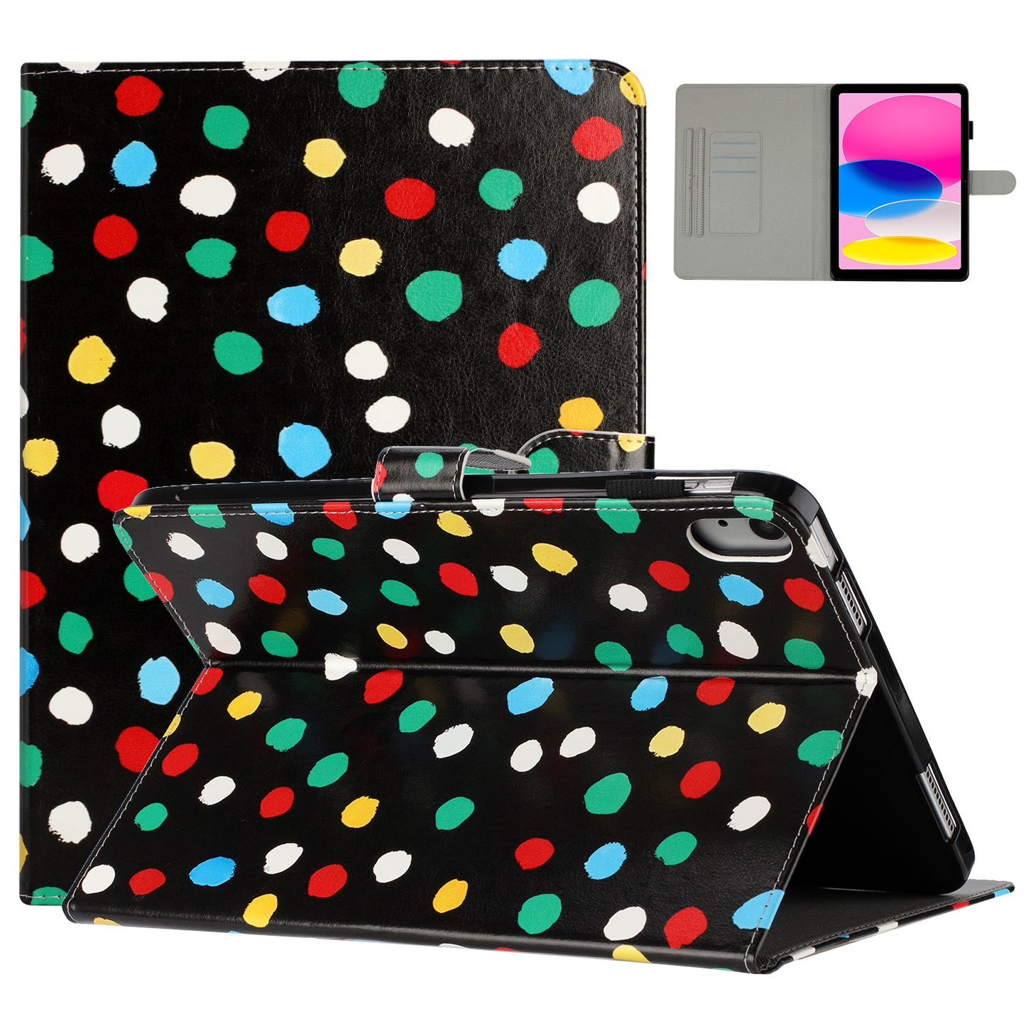 For iPad 10.9 (2022) PU Leather Tablet Cover Dots Pattern Stand Smart Cover with Card Holder
