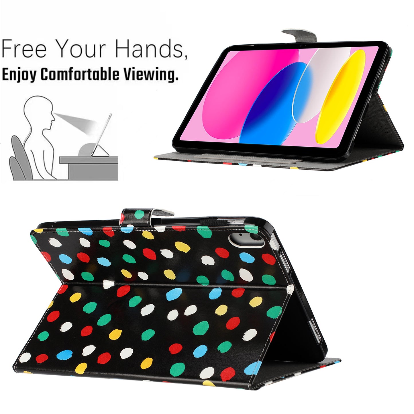 For iPad 10.9 (2022) PU Leather Tablet Cover Dots Pattern Stand Smart Cover with Card Holder