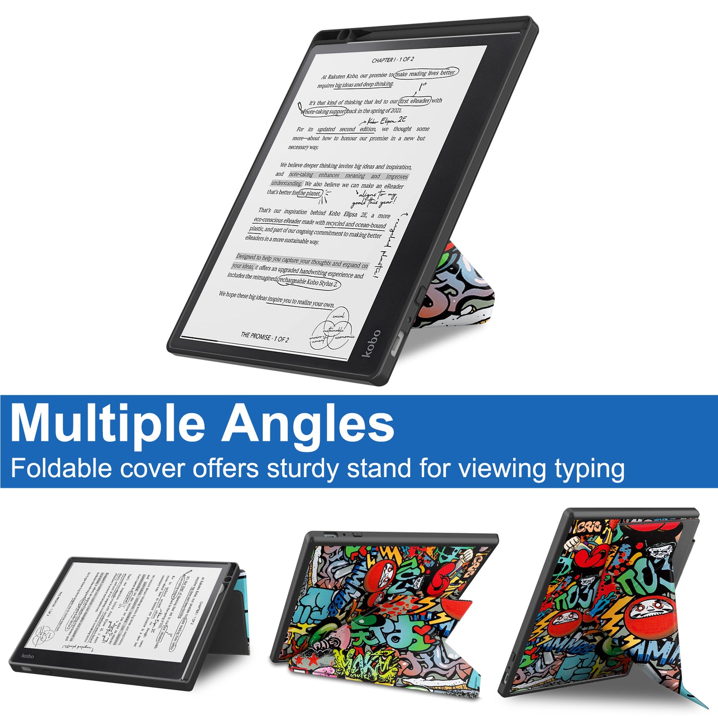 For Kobo Elipsa 2E Origami Stand Case PU Leather Pattern Printing Ebook Reader Cover with Auto Wake / Sleep