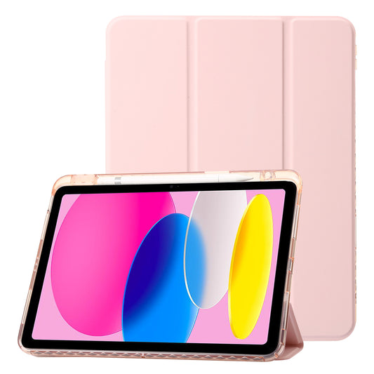For iPad 10.9 (2022) Tri-fold Stand Smart Case PU Leather Transparent Acrylic+TPU Tablet Cover