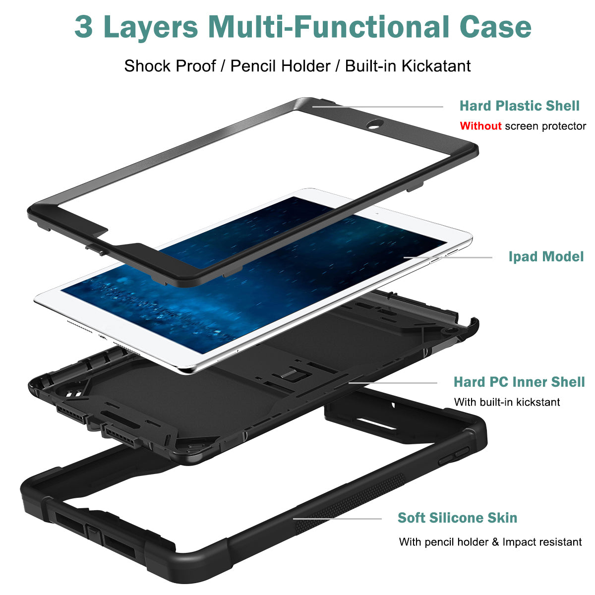 For iPad 9.7-inch (2017) / (2018) Tablet Case 3-in-1 Heavy Duty Silicone + PC Kickstand Cover
