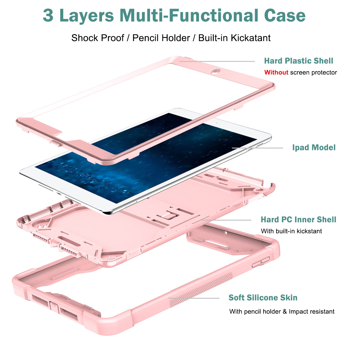 For iPad 9.7-inch (2017) / (2018) Tablet Case 3-in-1 Heavy Duty Silicone + PC Kickstand Cover