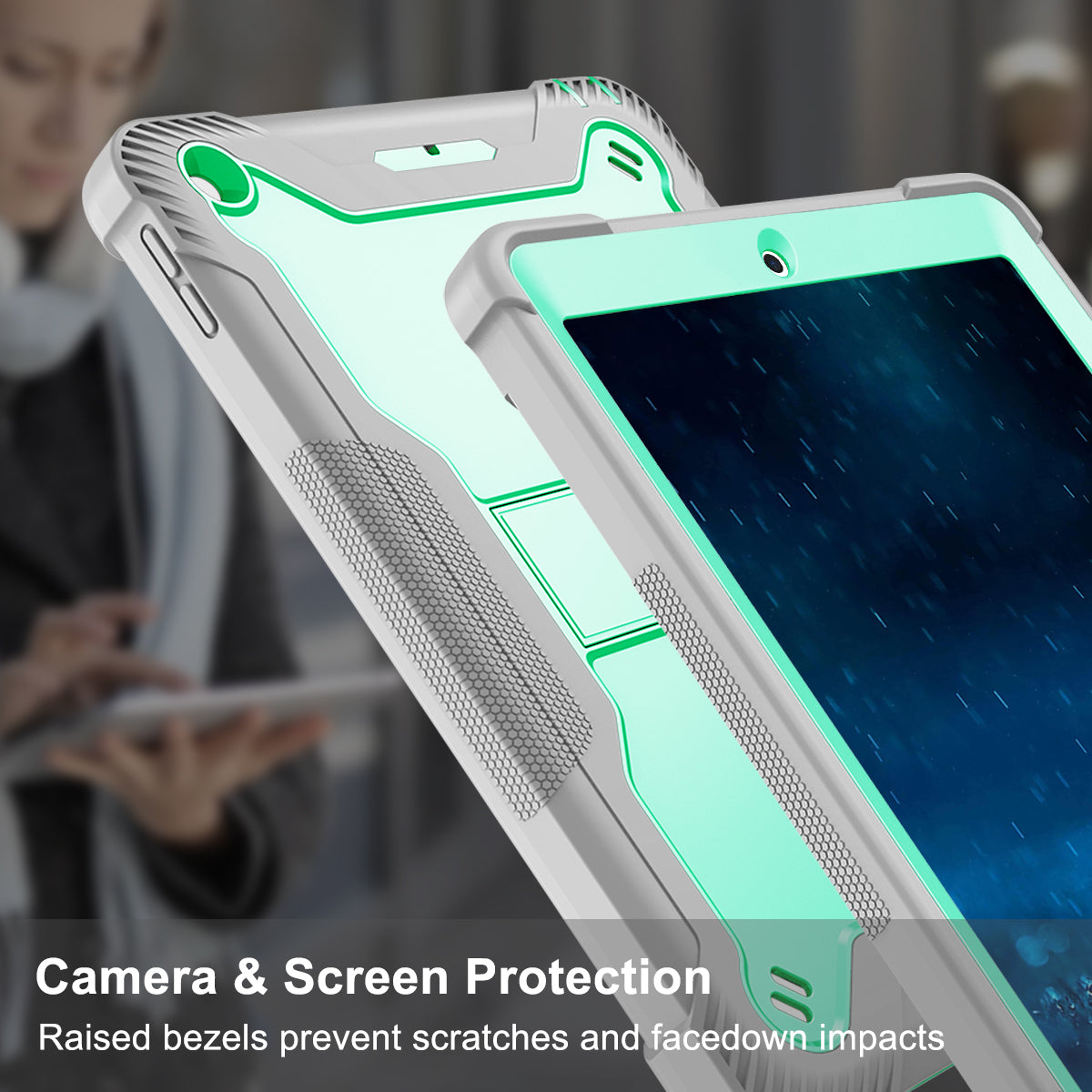 For iPad 9.7-inch (2017) / (2018) Tablet Case 3-in-1 Heavy Duty Silicone + PC Kickstand Cover