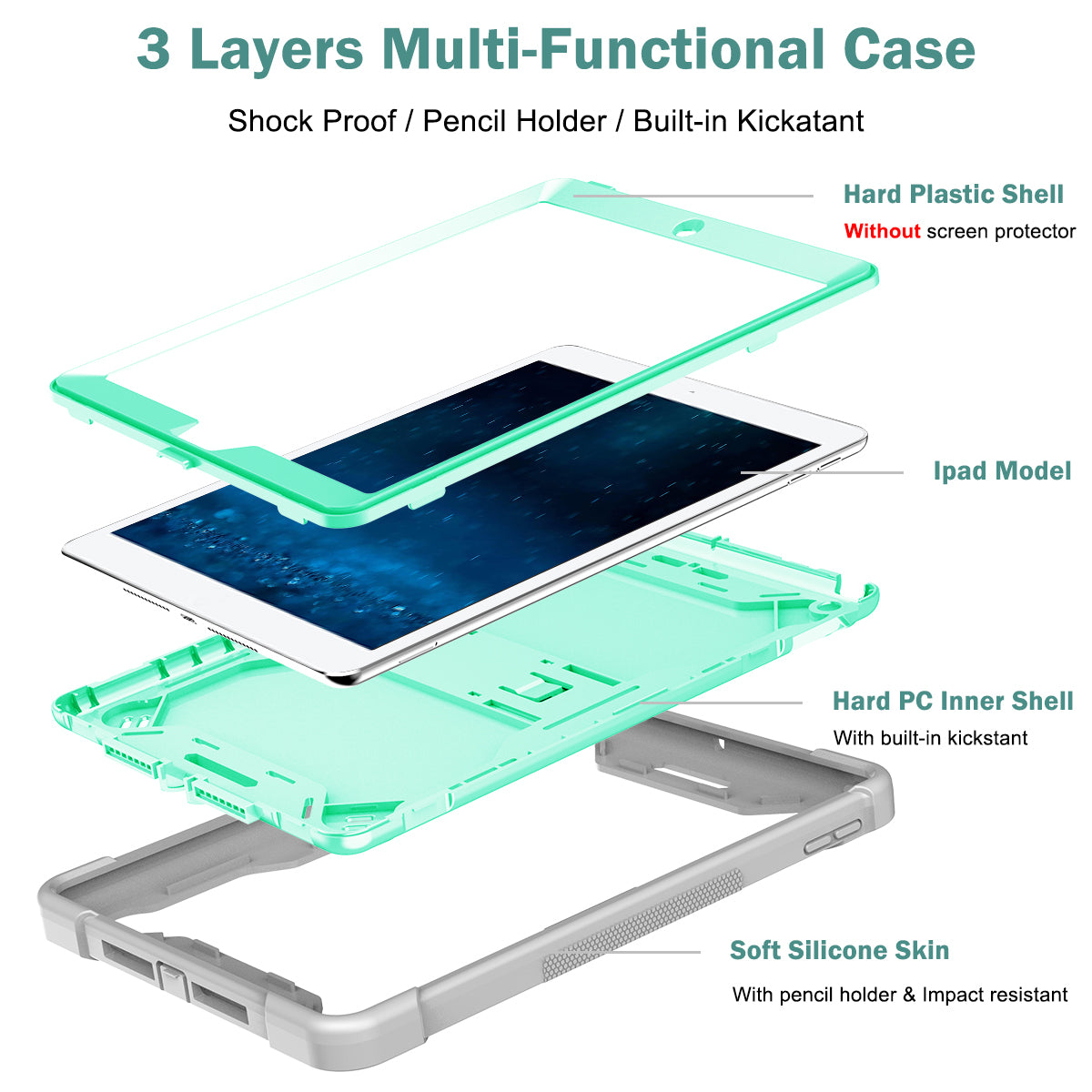 For iPad 9.7-inch (2017) / (2018) Tablet Case 3-in-1 Heavy Duty Silicone + PC Kickstand Cover