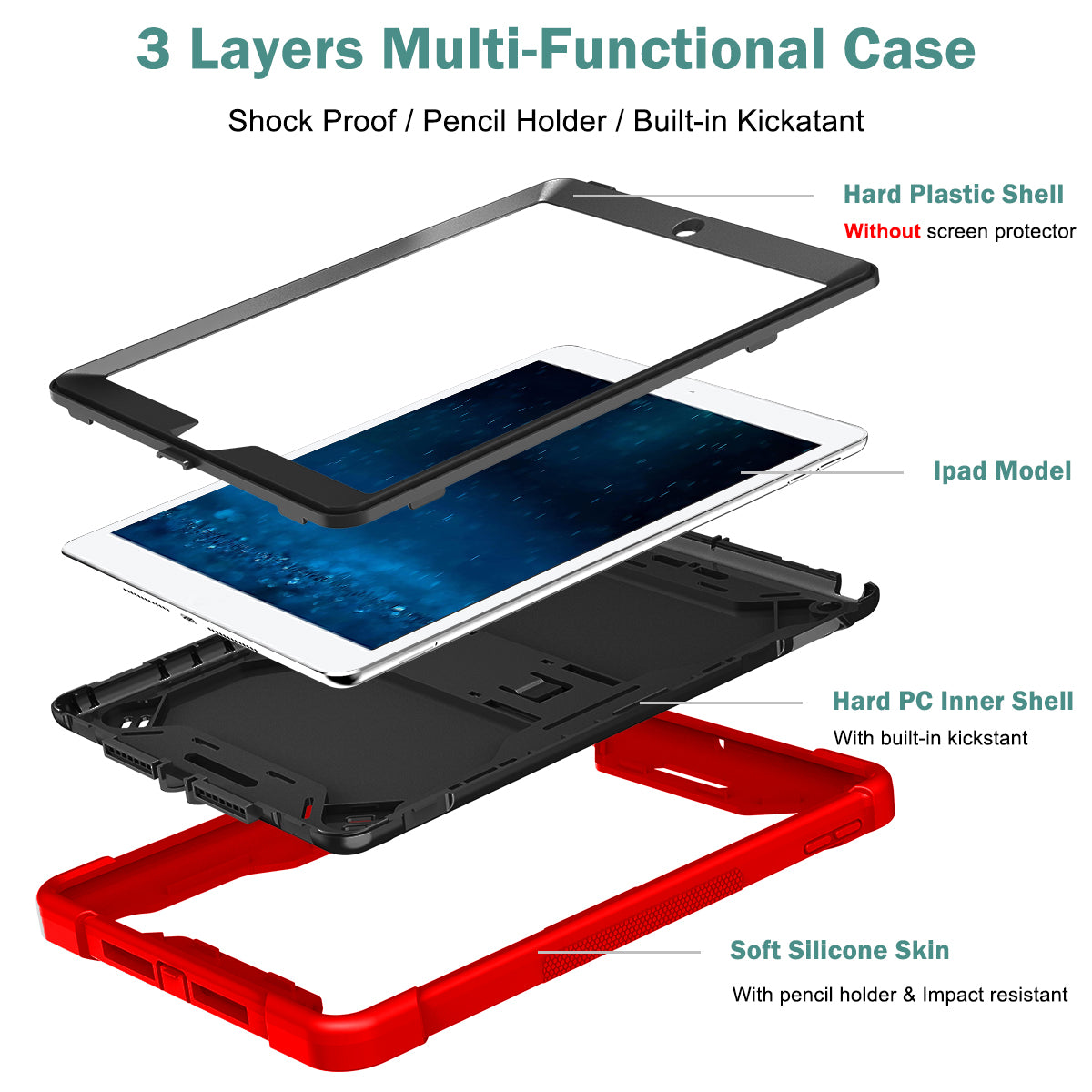 For iPad 9.7-inch (2017) / (2018) Tablet Case 3-in-1 Heavy Duty Silicone + PC Kickstand Cover