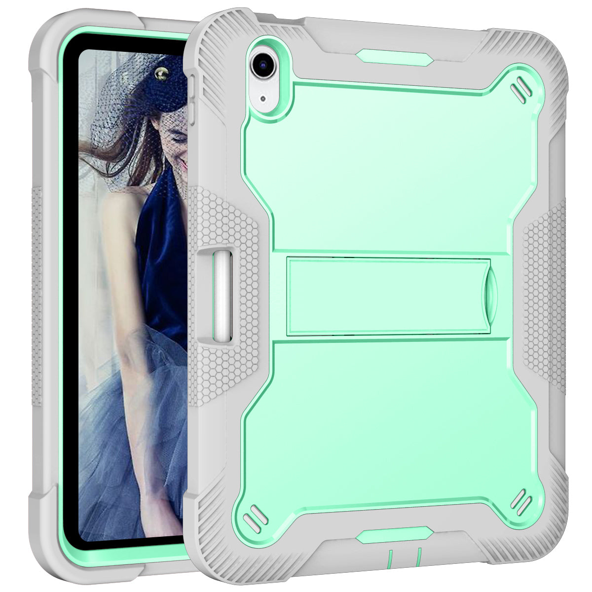 For iPad 10.9 (2022) Tablet Cover Armor Defender Silicone + PC Kickstand Case with Pencil Holder
