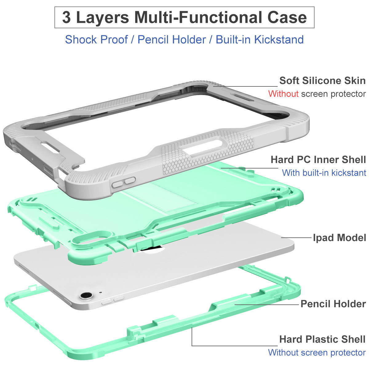 For iPad 10.9 (2022) Tablet Cover Armor Defender Silicone + PC Kickstand Case with Pencil Holder