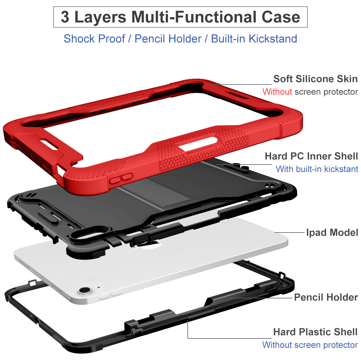 For iPad 10.9 (2022) Tablet Cover Armor Defender Silicone + PC Kickstand Case with Pencil Holder